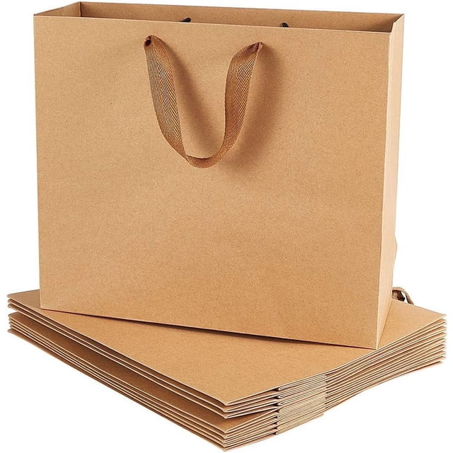 Paquete de 10 bolsas de papel kraft marrón de 28 x 32 x 11 cm con asas. Bolsas de compras, bolsas para fiestas, bolsas para mercancía, bolsas para bodas y eventos.