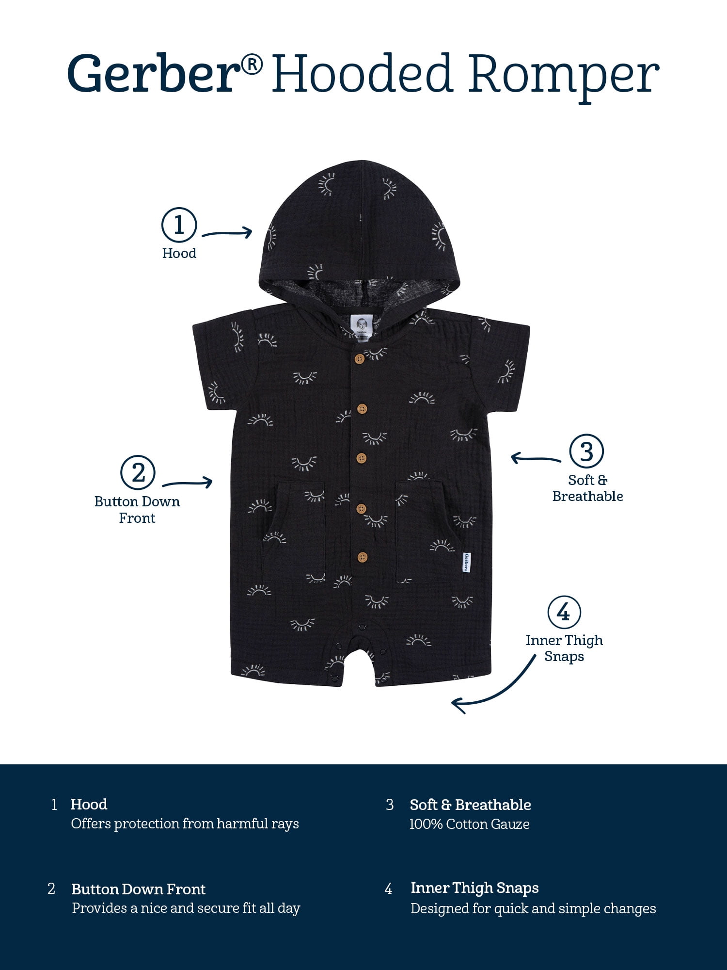 Gerber Baby Boy Short Sleeve Hooded Romper, Sizes Newborn - 24 Months