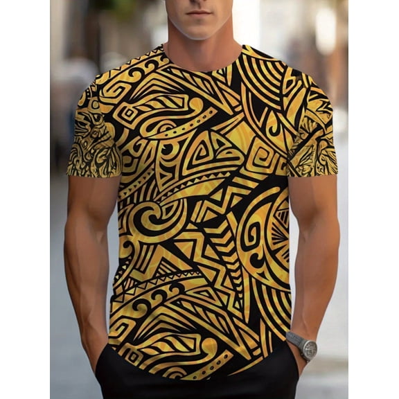 Men's T-shirt for restaurant use in a black and gold color scheme with durable fabrics for a comfortable fit with fine tribal motifs