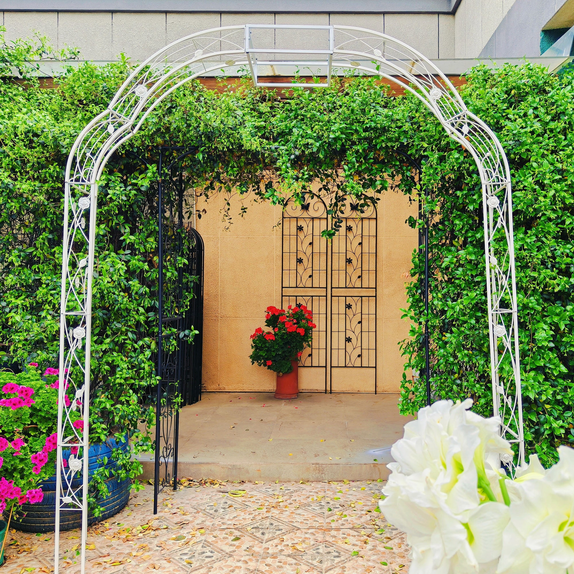 Metal Garden Arch W74.4" x H98.4" Garden Arbor Trellis Climbing Plants Support Rose Arch Outdoor Arch Cream White