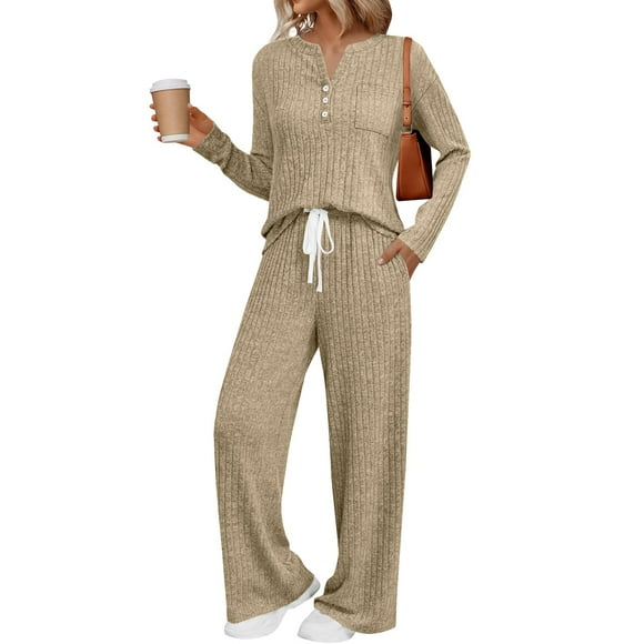 Meichang Women Lounge Set 2 Piece Fall Outfits Henley V Neck Sweater and Wide Leg Pant Set Matching Sweat Suits Comfy Pajamas Clothes Pockets