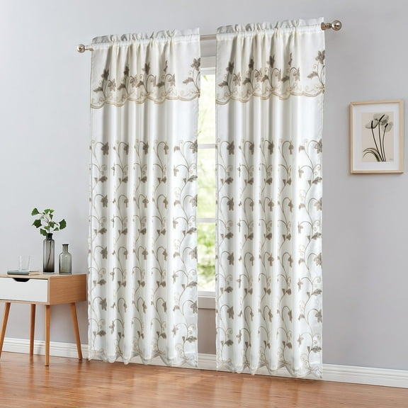 Cheryl Floral Embroidered Window Panel with Attached Valance and Backing, Grey, 54x90 Inches