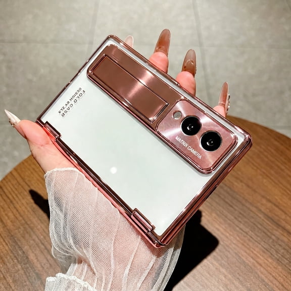 ELEHOLD Rigid PC Case for Samsung Galaxy Z Fold8, Electroplated Clear Cover Built in Glass Screen Protector Kickstand, Rosegold