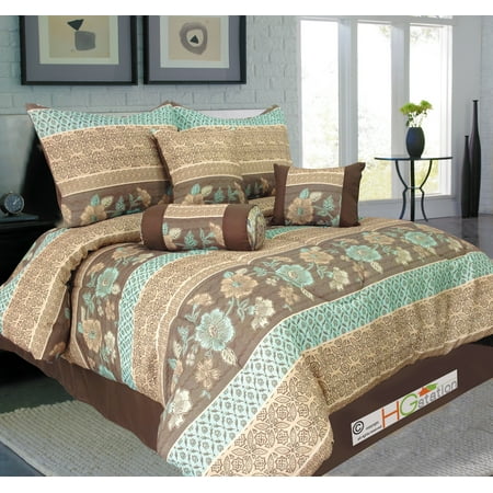 7 Pc Jacquard Floral French Lily Clover Comforter Set Blue Brown