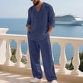 thumbnail image 2 of Awwp Men Set Linen Suit Men's Clothing Casual Beach V Neck Loose Long Sleeved Pants Sports Suit for Men Navy L, 2 of 4