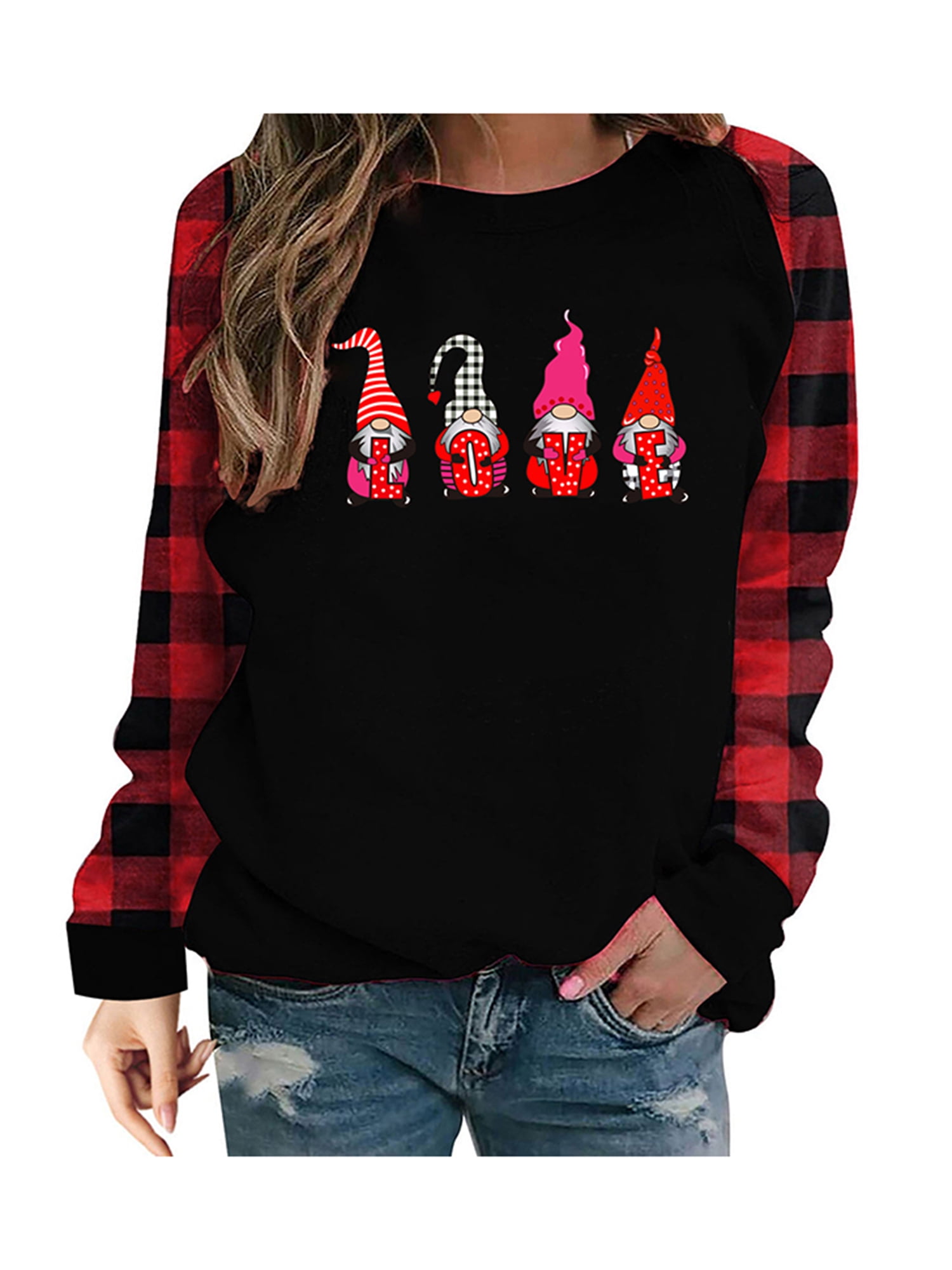 Christmas Pullover Sweatshirts for Womens Long Sleeve Plaid Patchwork Sweater Crewneck Casual Tops Shirts Tunic