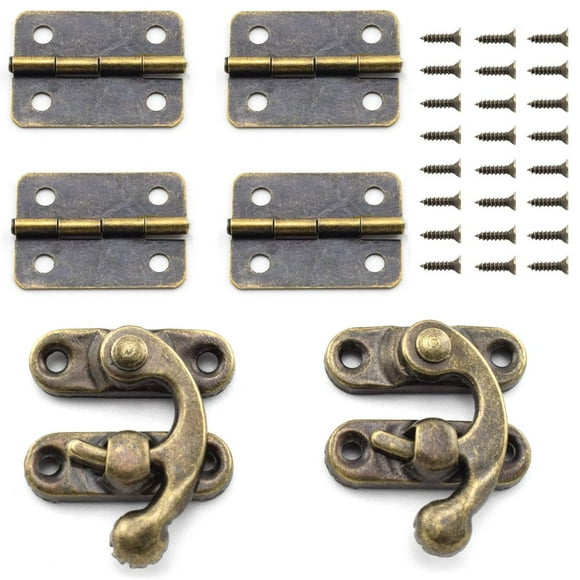 Sdtc Tech Joyero de diseño retro, gancho de cierre derecho antiguo y bisagra de bronce vintage con kit de tornillos a juego para gabinete decorativo, proyecto de caja de madera pequeña (2 cerrojos 4