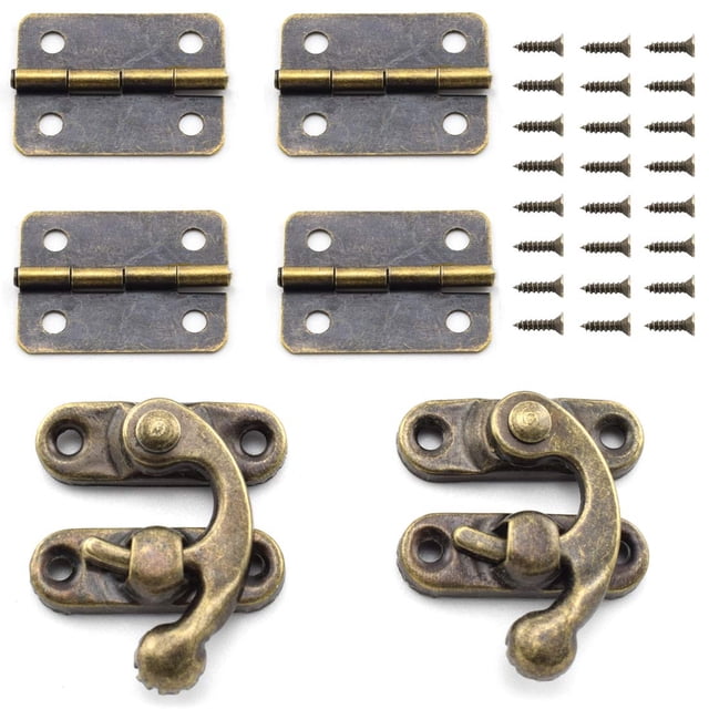 Sdtc Tech Joyero de diseño retro, gancho de cierre derecho antiguo y bisagra de bronce vintage con kit de tornillos a juego para gabinete decorativo, proyecto de caja de madera pequeña (2 cerrojos 4