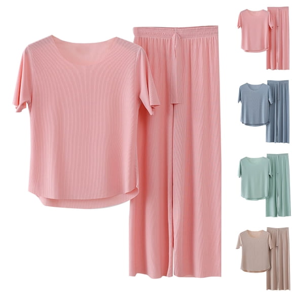 Sentmoon 2 PCS Ladies Pajamas Sleep Wear Set for Women Short Sleeve Relaxed Breathable Solid Color Nightgown Summer Casual for Cozy Nights in Khaki L