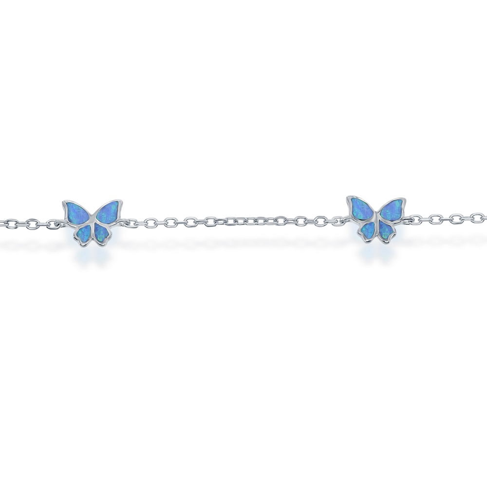 925 Sterling Silver Rhodium Plated Blue Created Opal Butterfly Design 9+1’’ Charm Anklet/Bracelet Jewelry for Women or Teens