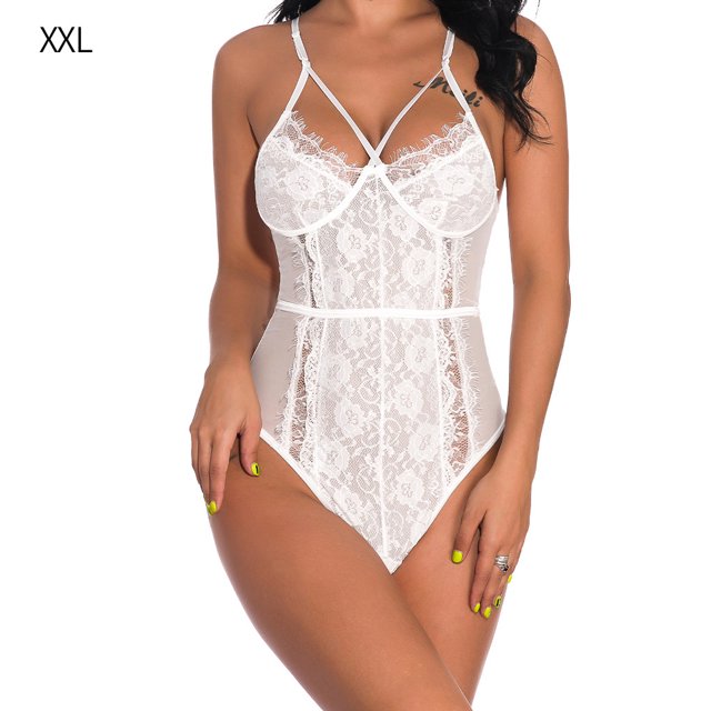 Conjunto de ropa interior sexy, mono de tela con pantalla de encaje, lencería sexy con encanto para mujeres y adultos, blanco, XXL Methold XX000038-22