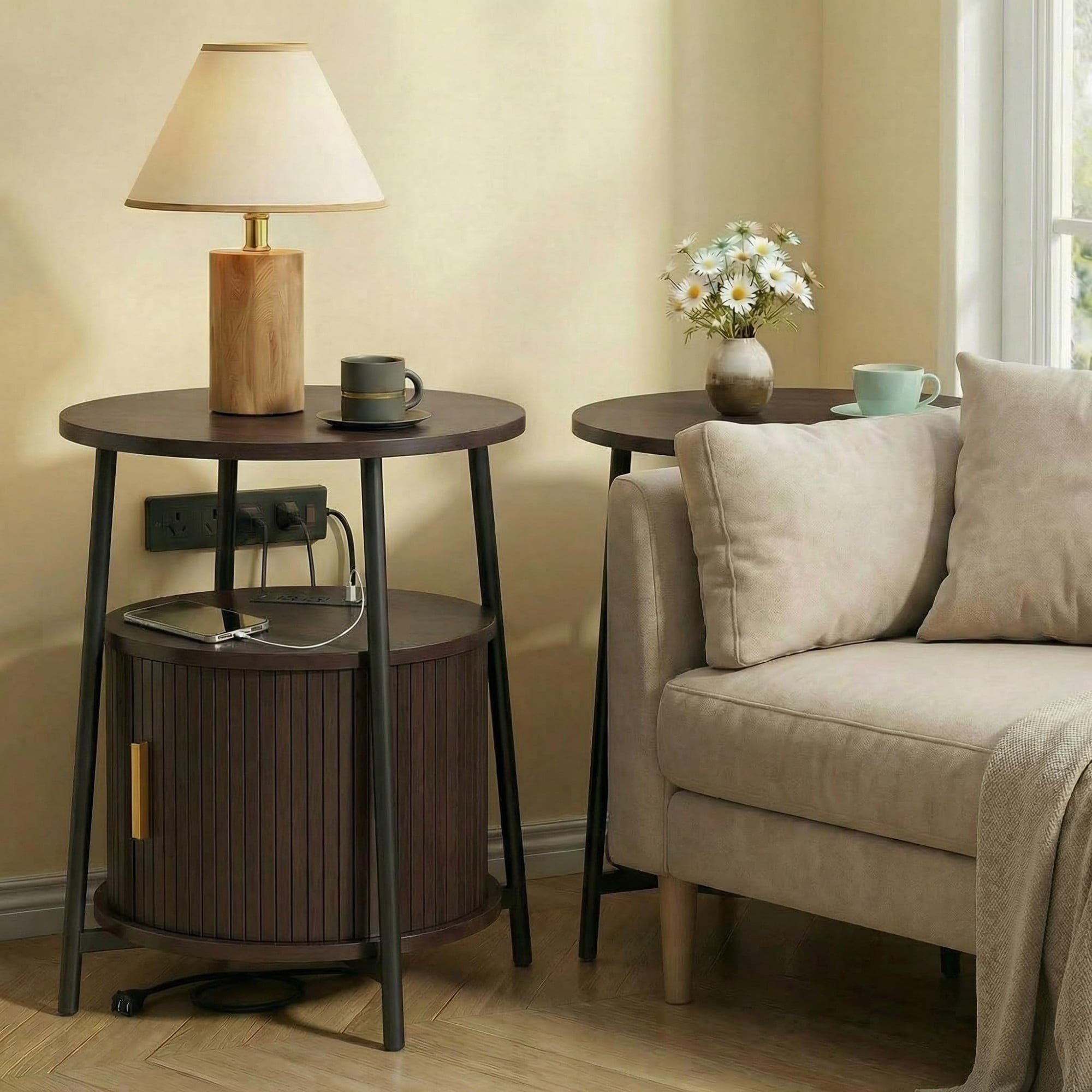 Round End Table with Charging Station, Fluted Side Table with Sliding Door, Mid Century Modern Nightstand for Bedroom & Living Room, Coffee