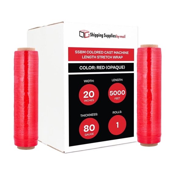 SSBM Cast Red Machine Stretch Wrap 20 Inch x 5000 Feet 1 Roll 80 Gauge Opaque Plastic Shrink Film for Packing