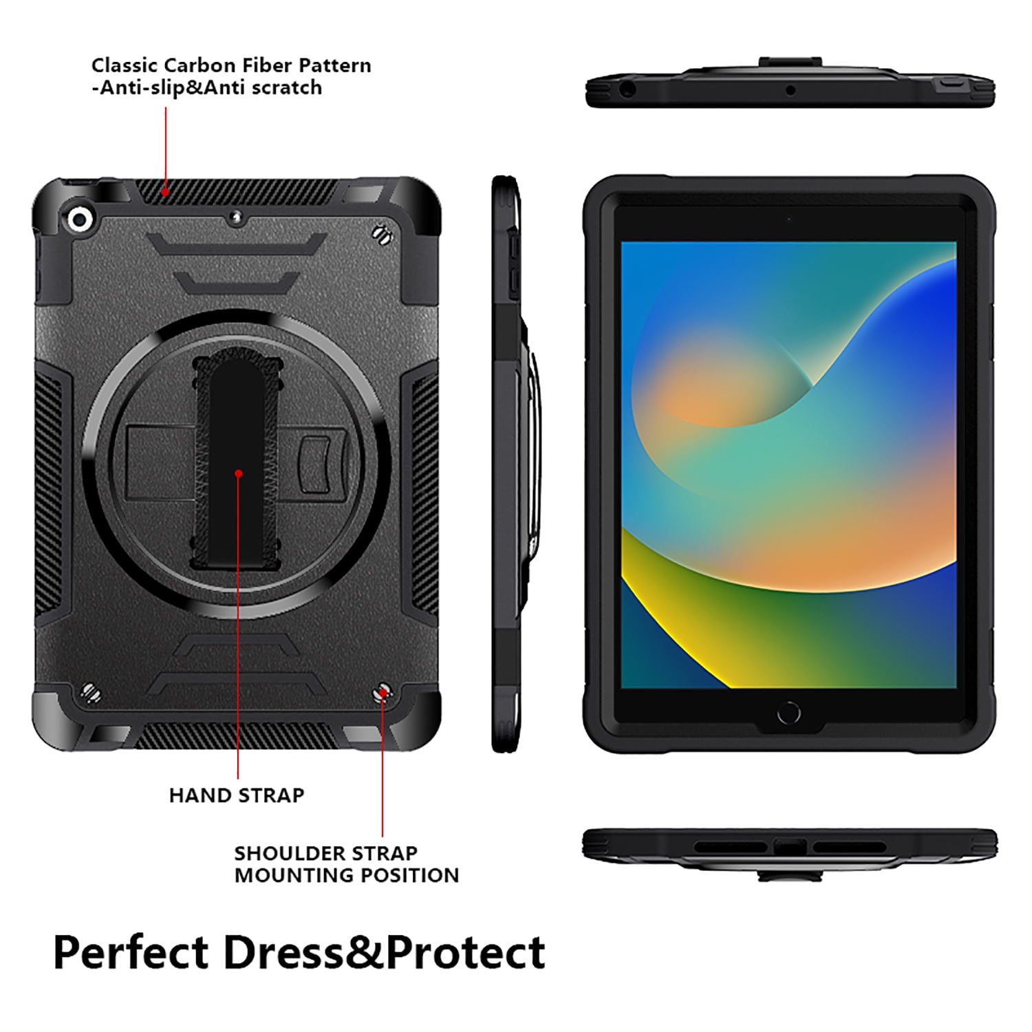 Shockproof Case for Apple iPad 9th/8th/7th Generation, with Pencil Holder Military Grade Protection Rotating Stand Hand Strap Shoulder Strap Bumper Rugged Case for iPad 10.2" 2021/2020/2019, Black