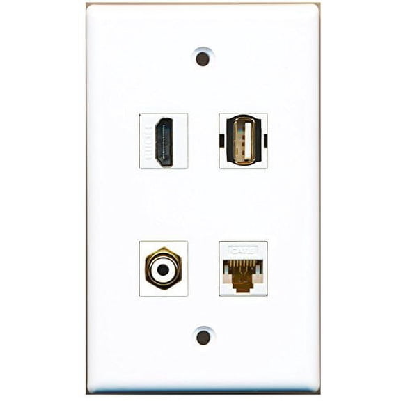 RiteAV - 1 Port HDMI 1 Port RCA White 1 Port USB A-A 1 Port Cat6 Ethernet White Wall Plate