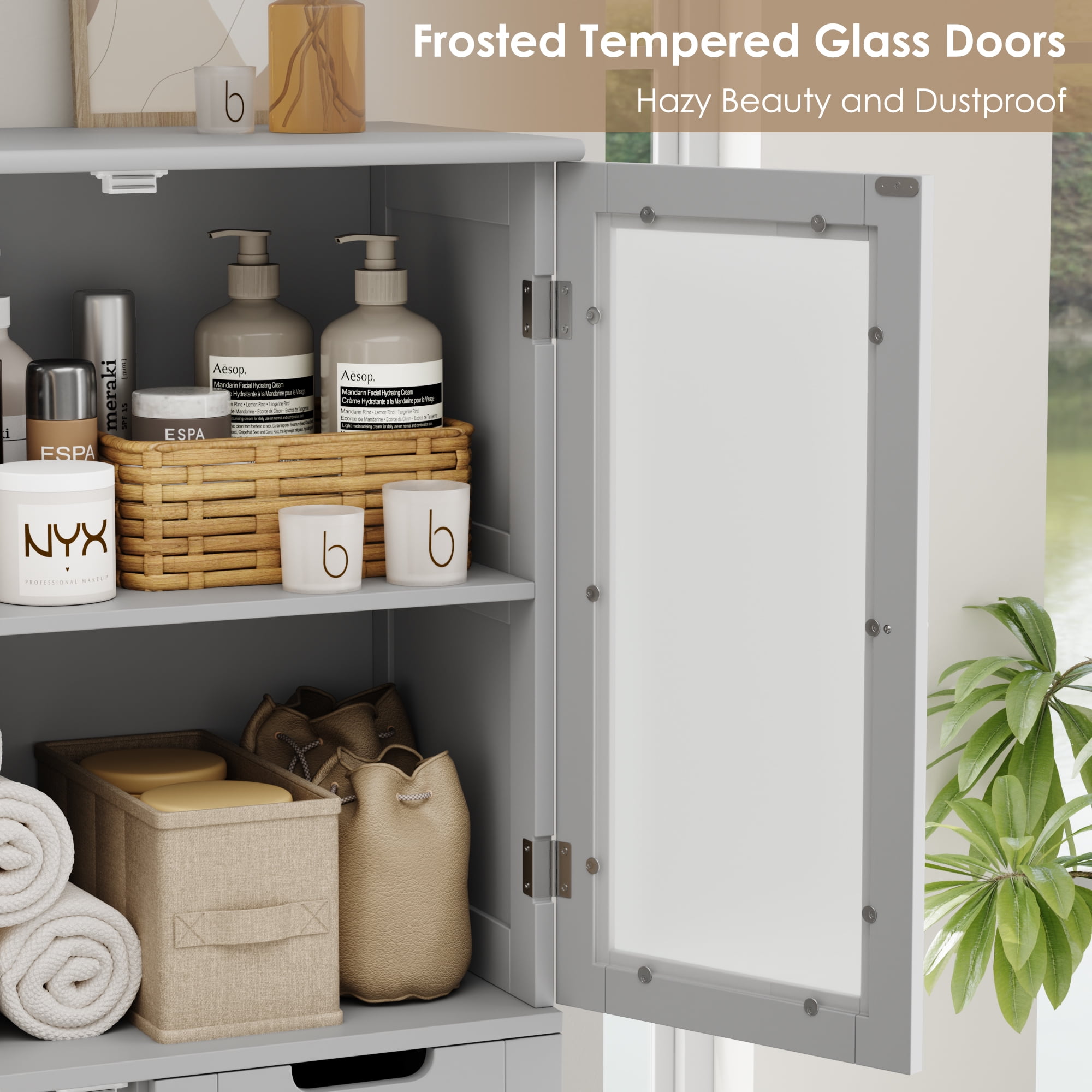 Homfa 67" Tall Bathroom Cabinet, Linen Cabinet with Doors and Removable Drawers, Kitchen Cupboard, Gray
