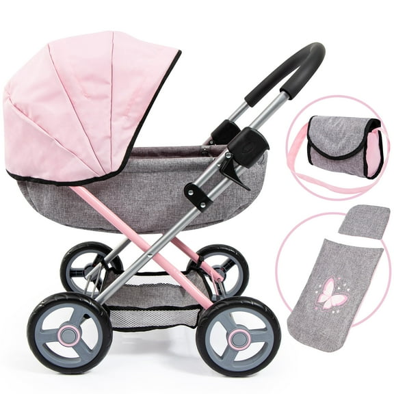 Bayer: 4-in-1 Toy Baby Doll Pram Stroller Cosy Set - Dolls Up to 18" (Pink/Grey) | Baby Dolls | Pretend | Dress up | Accessory