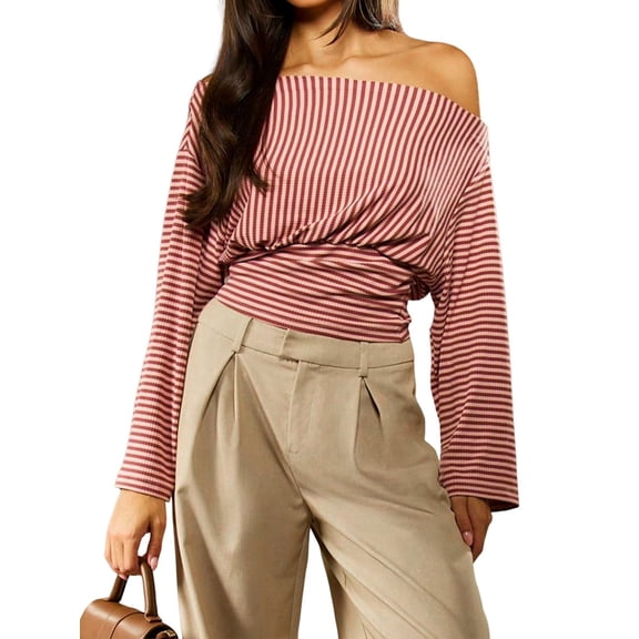Women'S Off the Shoulder Striped Sweaters Oversized Long Sleeve Knit Pullover Tops Red S