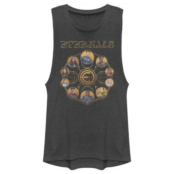 Junior's Marvel Eternals Circular Gold  Festival Muscle Graphic Tee Charcoal Large