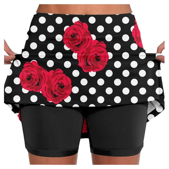 Maxi Skirts for Women Casual Fitness Sports Polka Dot Floral Print Double Layer Skirt Pants Pocket Skirt Womens Clothes Black L