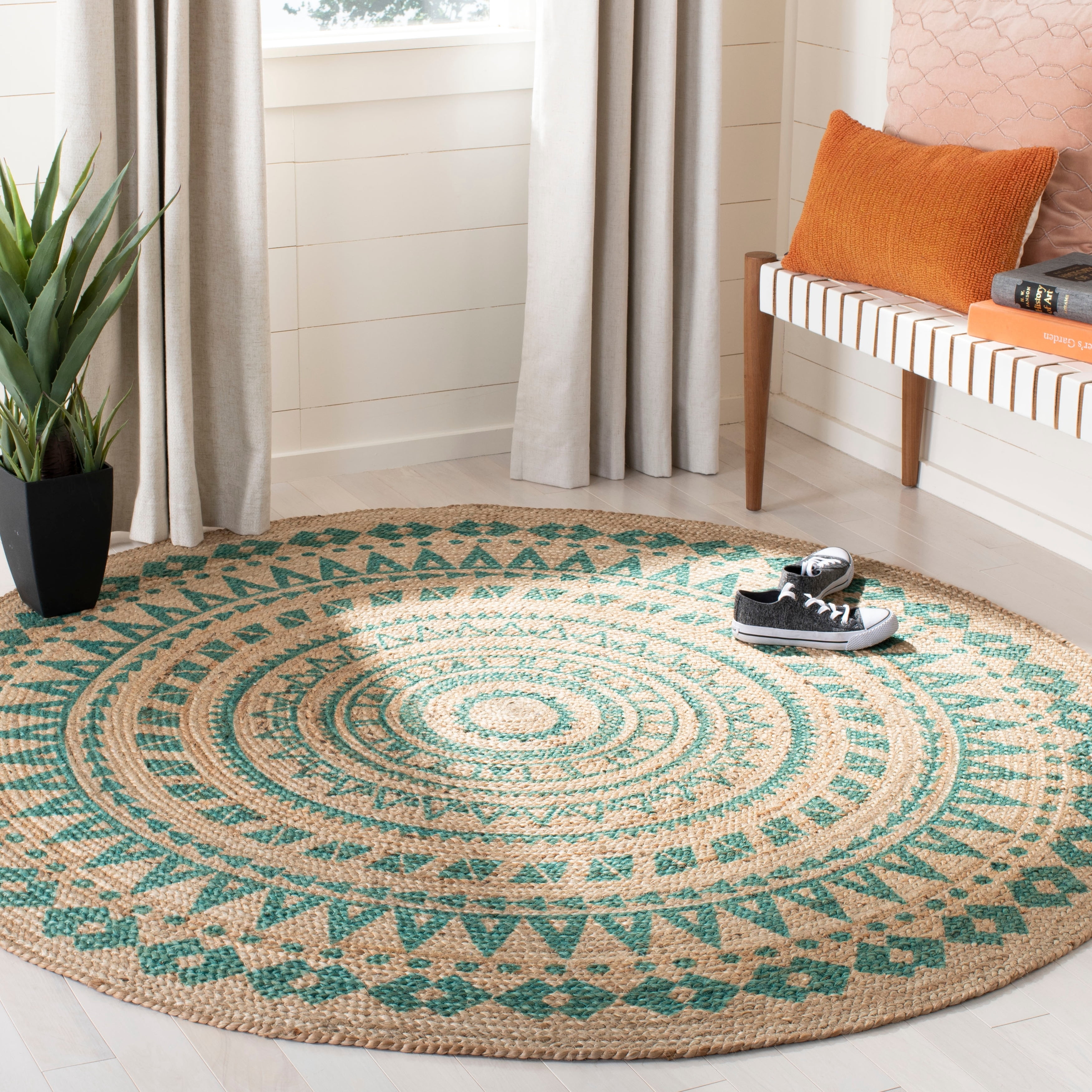SAFAVIEH Natural Fiber Zoolander Geometric Jute Area Rug, Orange/Natural, 8' x 8' Round