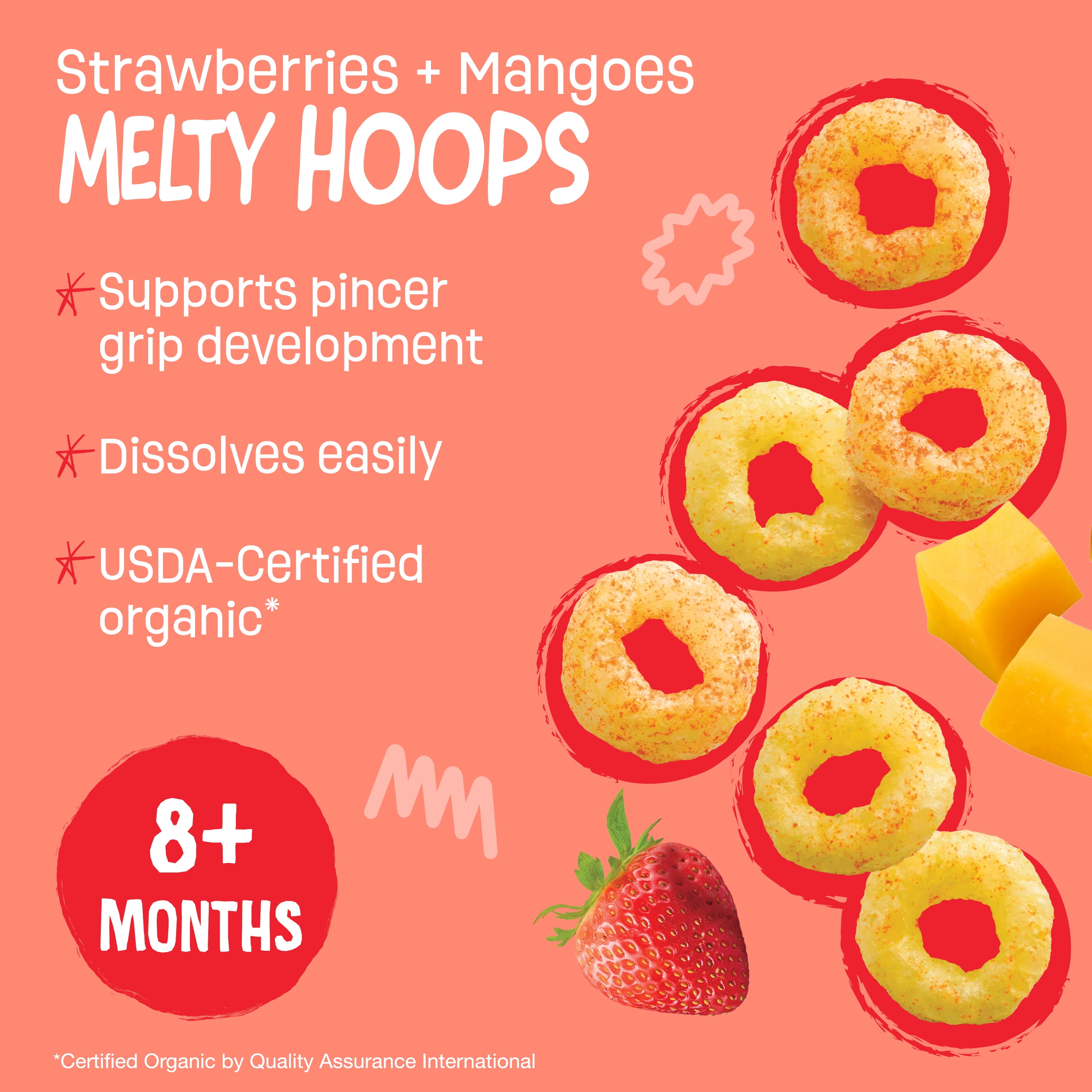 Earth's Best Organic Bite-Size Melty Hoops Strawberry Mango Puffed Baby Snack, 0.32 oz Bags (4 Pack)