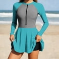 thumbnail image 3 of Pounoo Womens One Piece Rash Guards Color Block Long Sleeve Tops Flared Skirt Bottoms Modest Swimsuits Surfing Diving Wear Gift, 3 of 8
