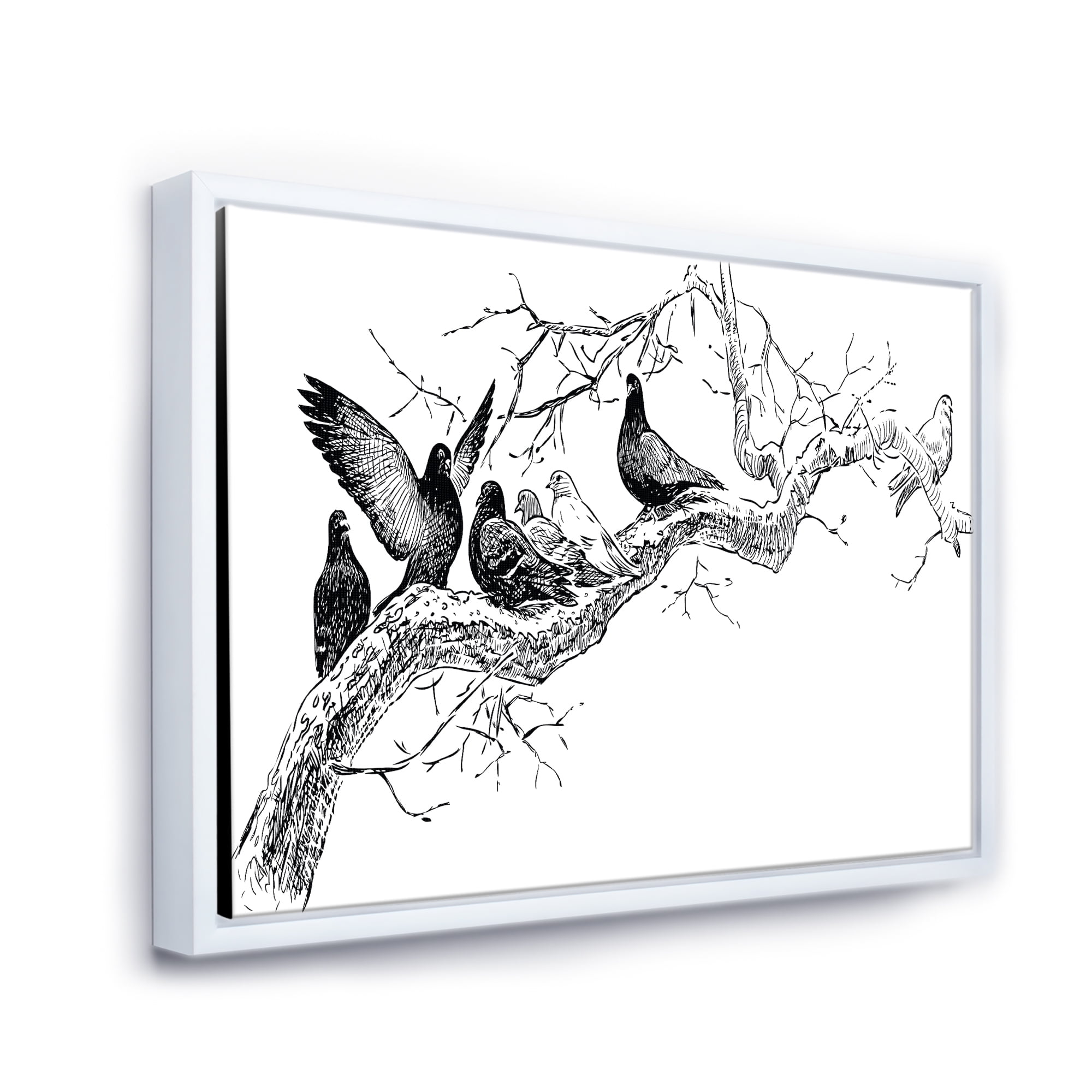 Pigeons Sitting On The Tree Branch 32 in x 24 in Framed Drawing Canvas Art Print, by Designart