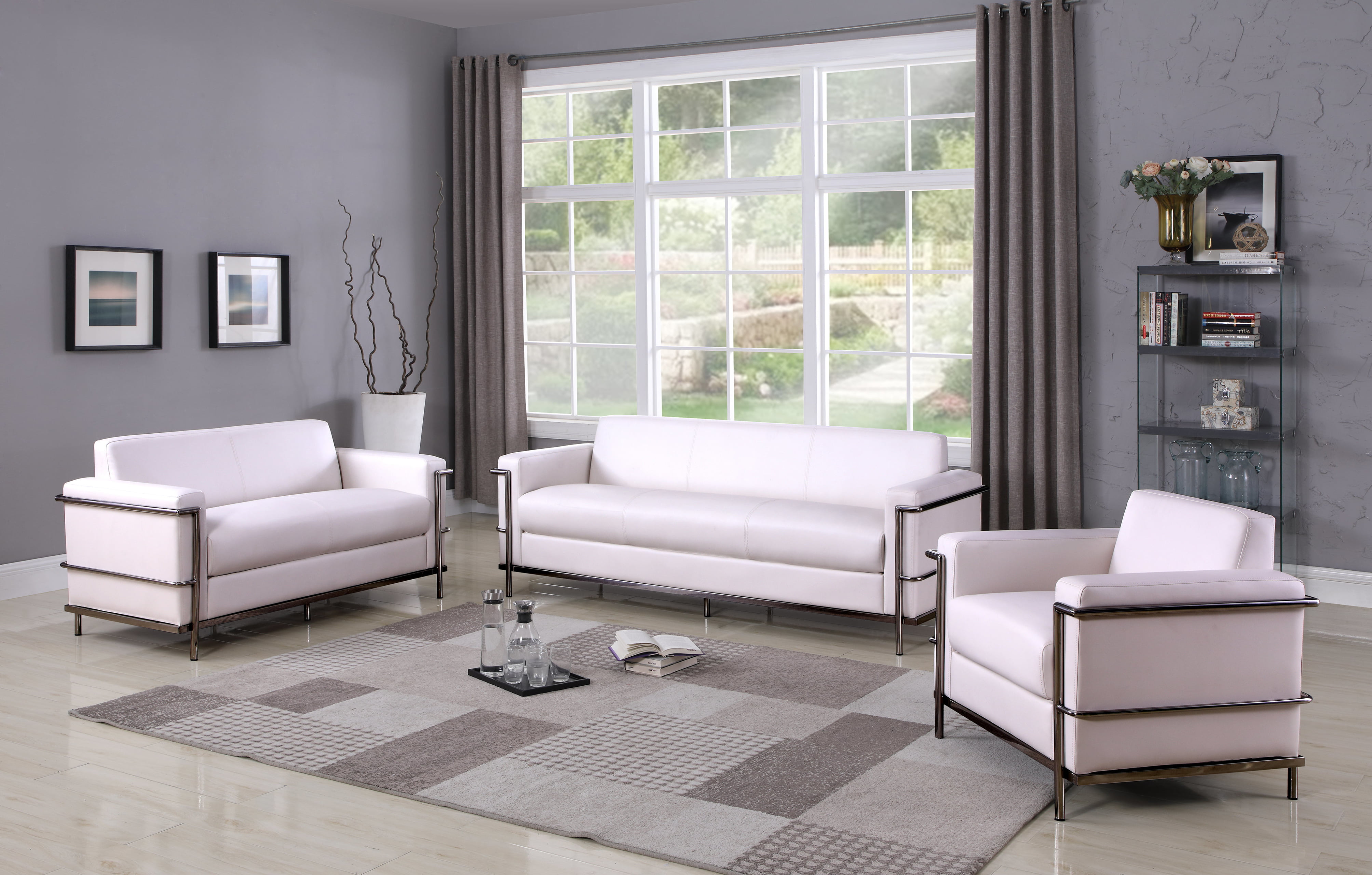 Contemporary Design White Faux Leather 3piece Sofa Set Living Room