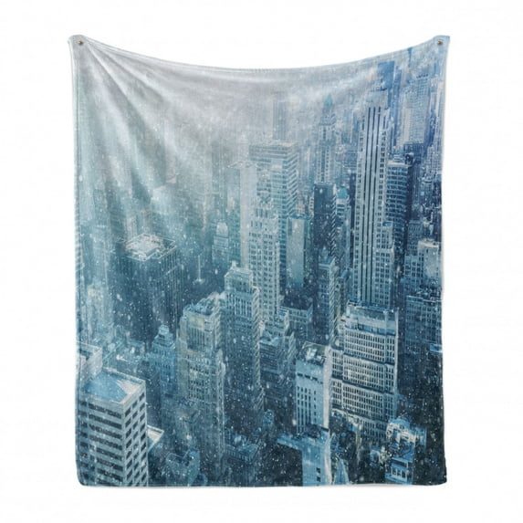 Winter Soft Flannel Fleece Throw Blanket, Snow in New York City Image Skyline with Urban Skyscrapers in Manhattan USA, Cozy Plush for Indoor and Outdoor Use, 50" x 60", White Pale Green, by Ambesonne