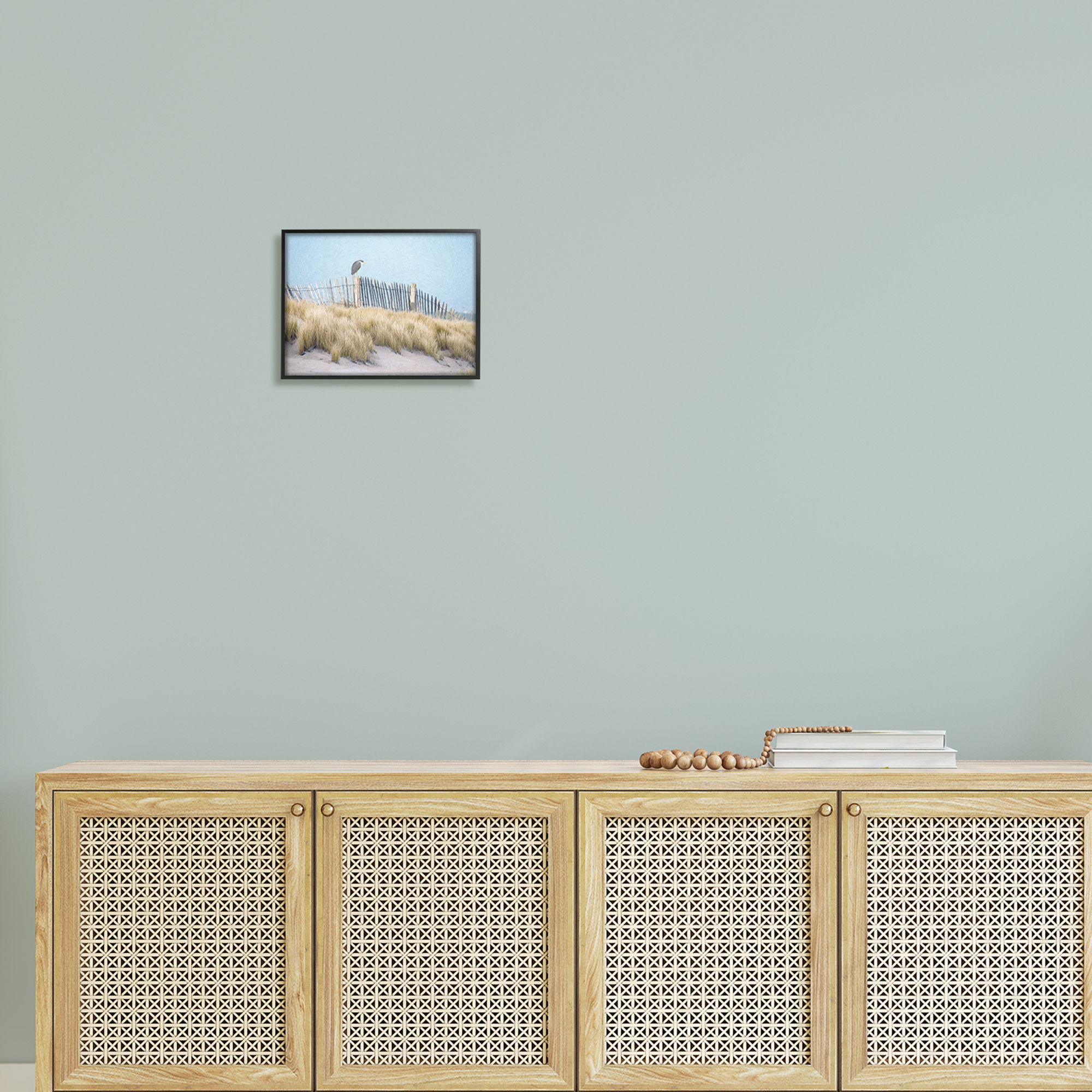 Stupell Bird Perched Nautical Beach Fence Landscape Painting Black Framed Art Print Wall Art