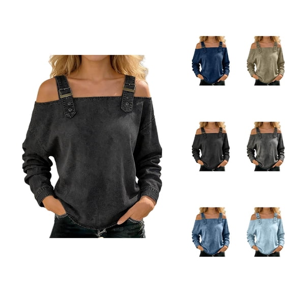 Jean Shirts for Women Denim Trendy Casual Long Sleeve Cold Shoulder Vinatge Washed Denim Shirt Y2k Spring Fall Outfits