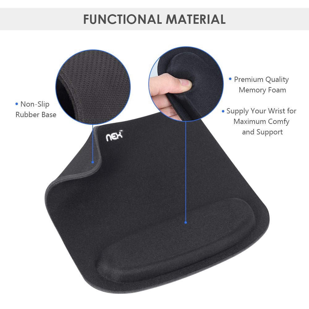 NEX Mouse Pad with Memory Foam Wrist Rest, Non-Slip Rubber Base Mouse Mat for Typist Office (Black)