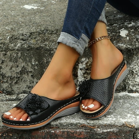 

〖Yilirongyumm〗 Black 37 Sandals Women Ladies Fashion Solid Color Cutout Leather Flower Open Toe Wedge Platform Sandals