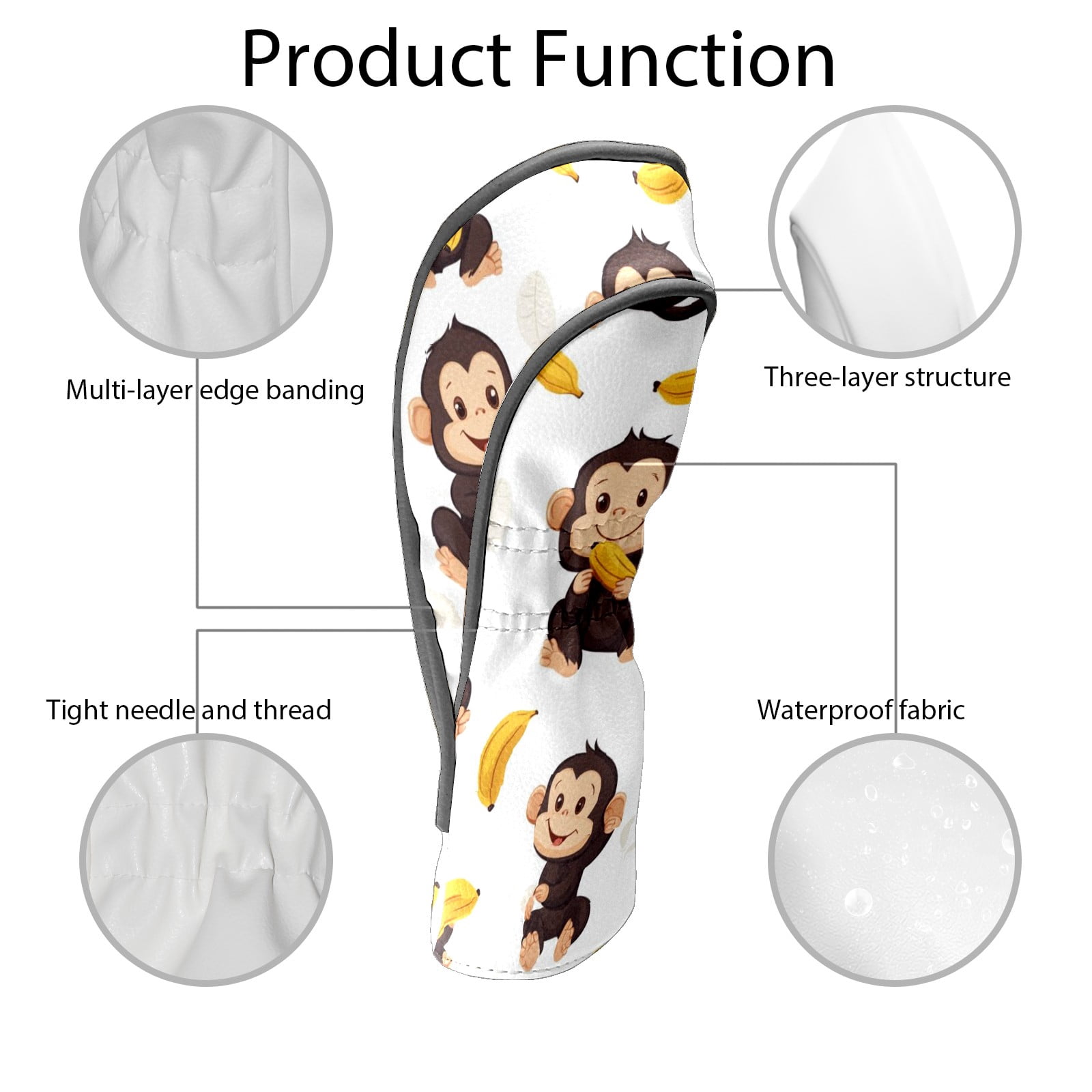 Golf Head Covers Playful Cartoon Monkey Design for Driver, Wood & Hybrid, Premium Waterproof PU Leather with Plush Lining, Funny Animal Golf Gifts
