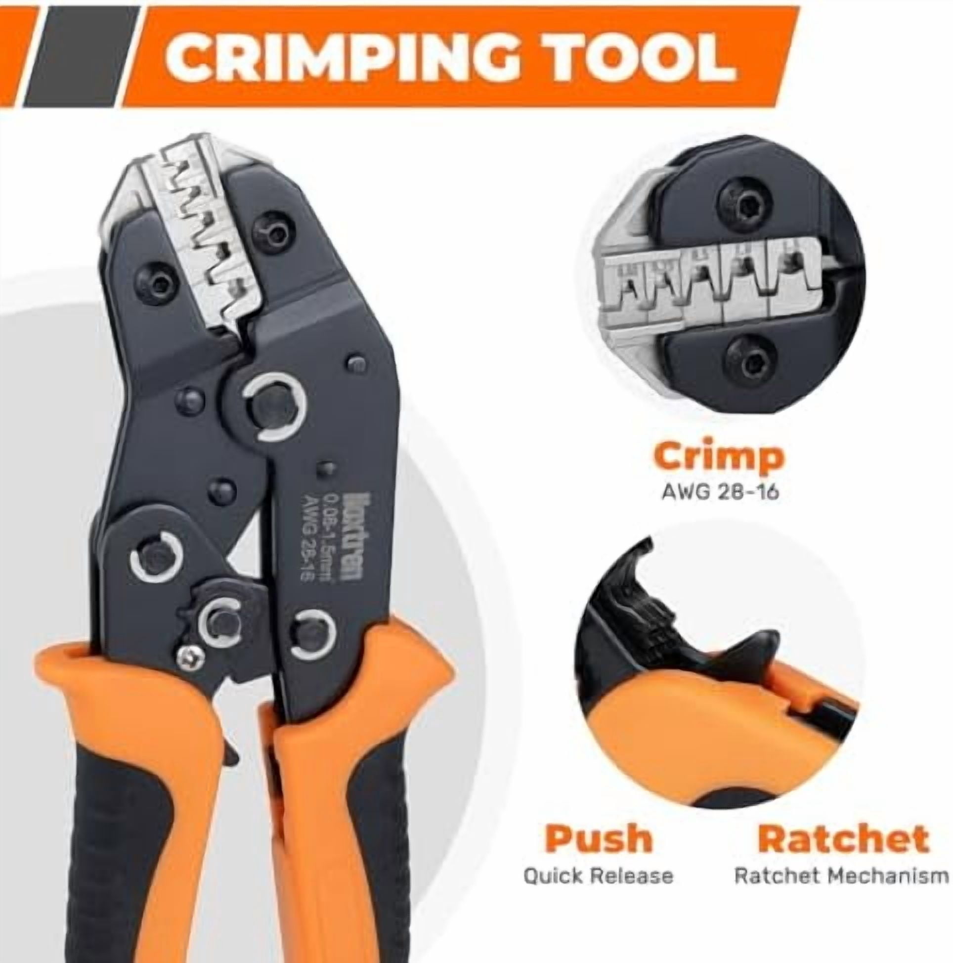 5-in-1 Wire Crimping Tool, AWG 28–16 Ratcheting Crimper for Non-Insulated Open Barrel Terminals – Fits Deutsch, Delphi, AMP, JST, Dupont, Molex, TE & More Automotive Wire Connectors