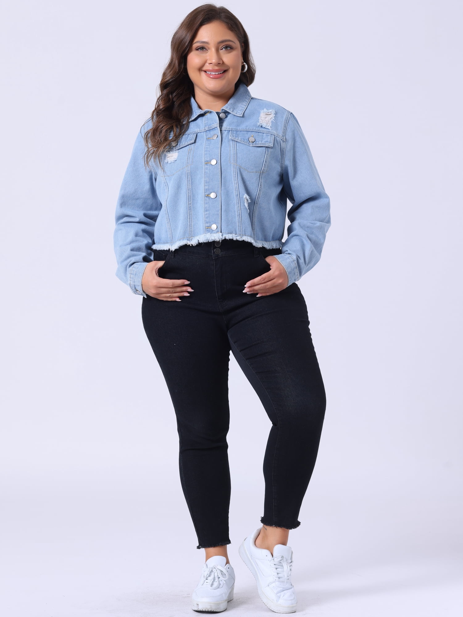 DARING DIVA Women's Plus Washed Cropped Frayed Denim Outerwear Jacket 1X Blue