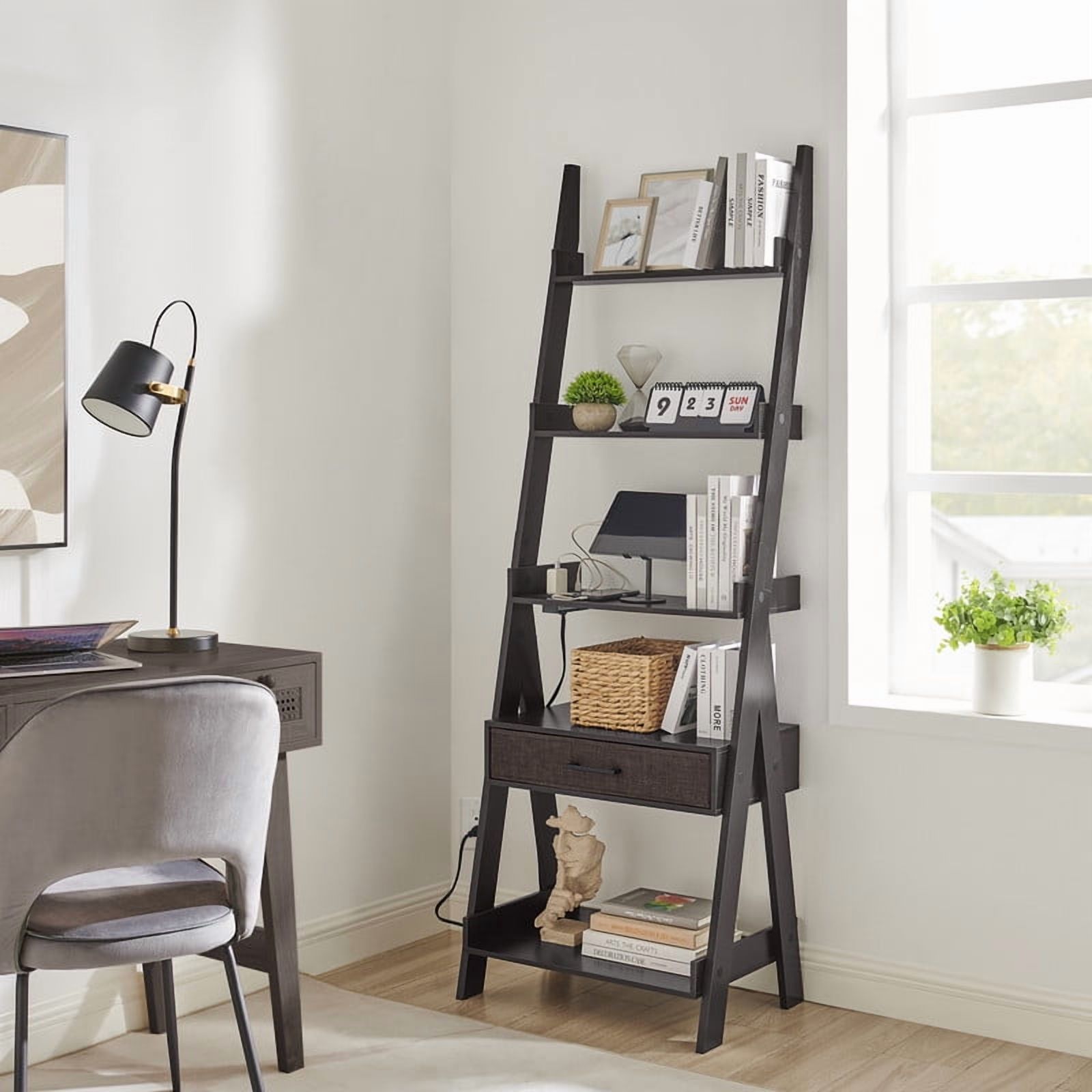 Utopia Alley Ladder Shelf, 5 Tier Ladder Bookshelf with Power Outlet, USB Port, Fast Charging and Drawer, Wood Ladder Shelves, Espresso