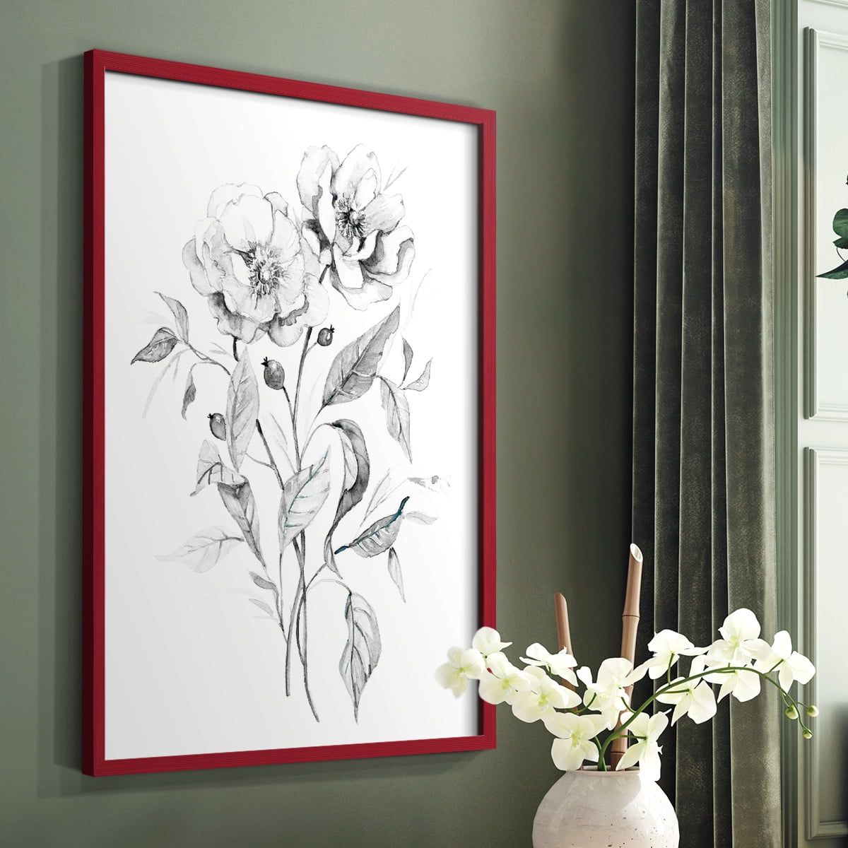 Wild Roses Sketch Framed Print in Red Solid Wood 8 x 10 Framed Print