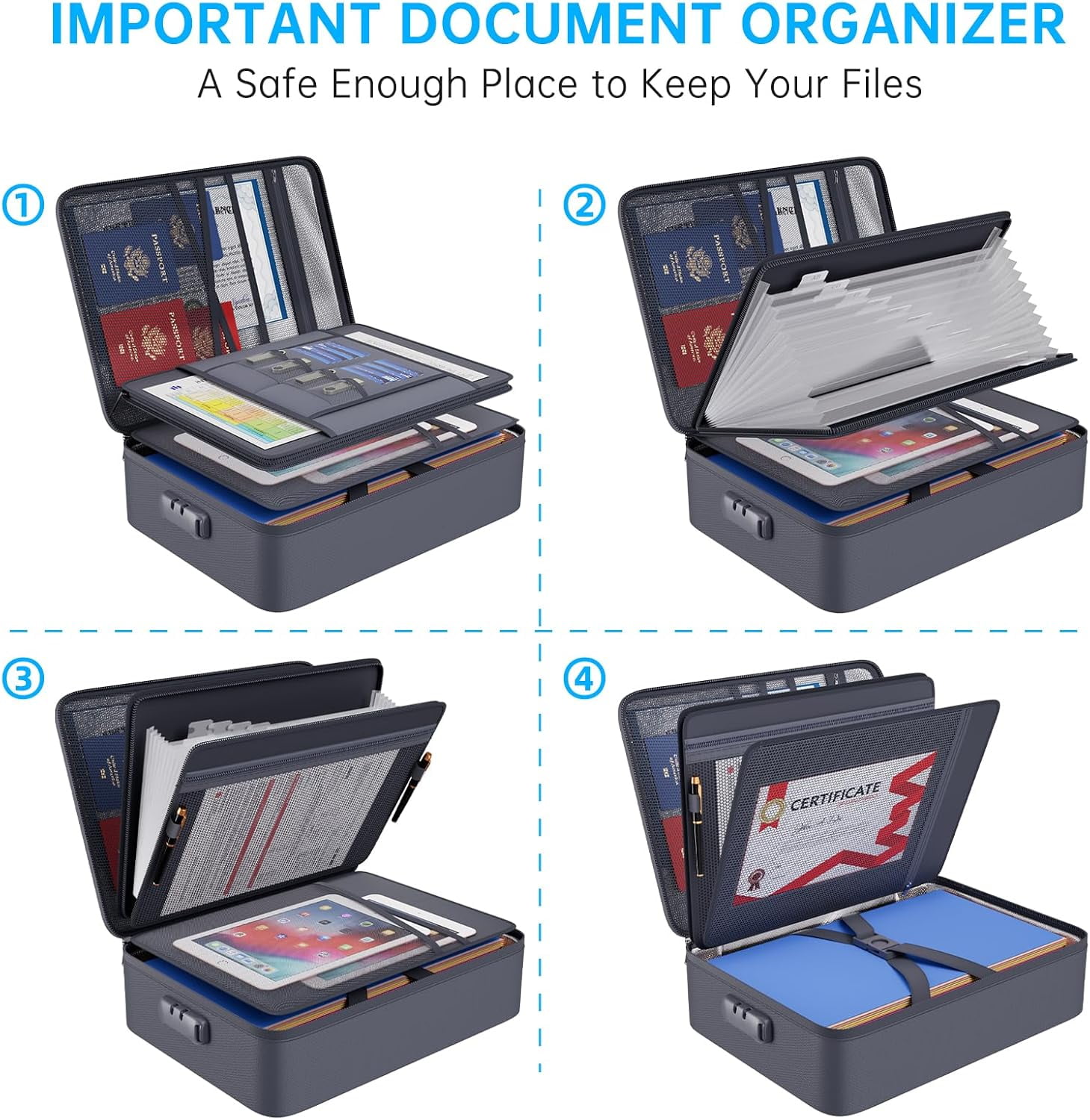 5200℉ Fireproof File Organizer Bag with 13 Pocket Accordion File Folder,Document Organizer Box with Lock&Labels,Multi-Layer Portable Home Travel Safe Storage Box for Important Documents,Gray
