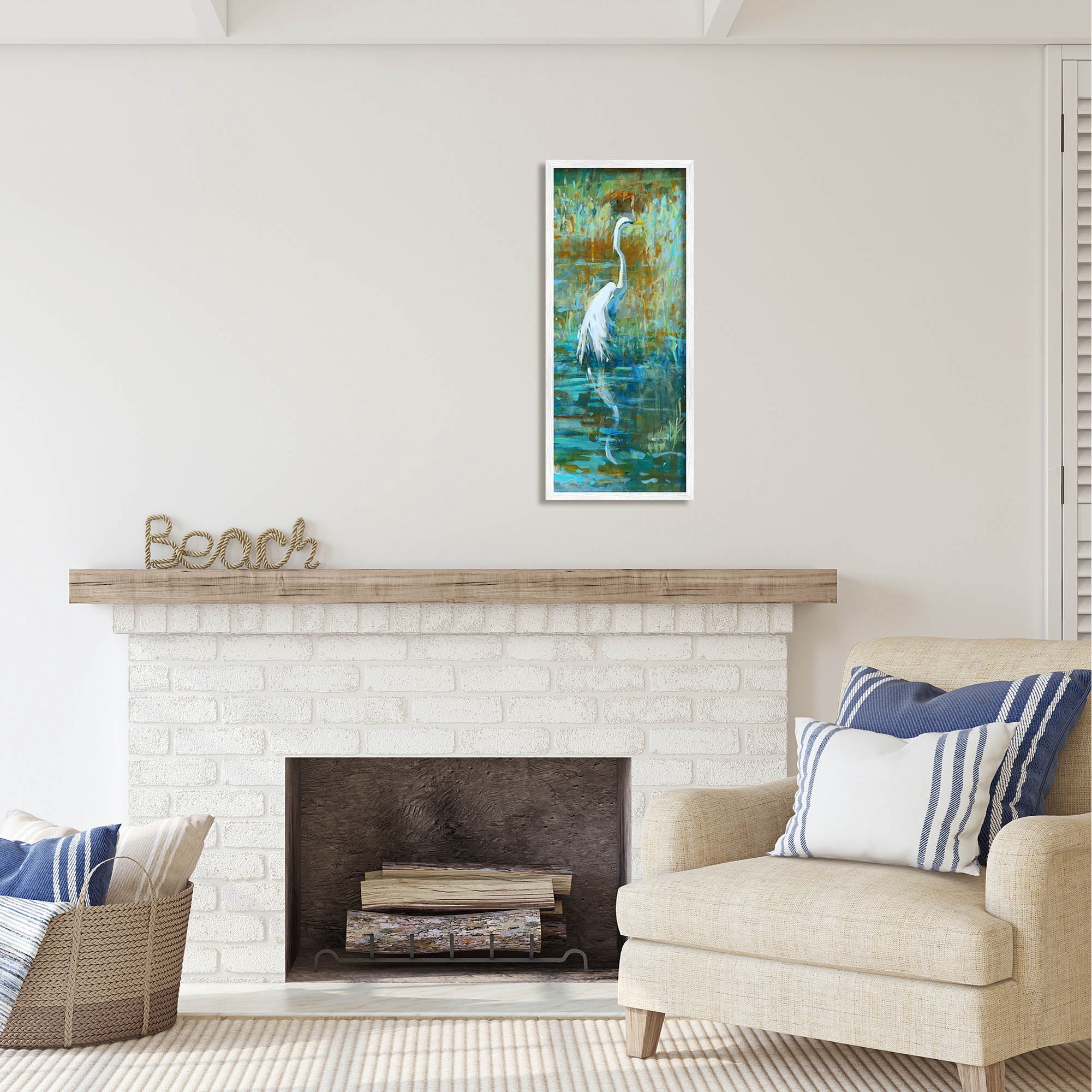 Stupell Industries Egret Bird Swimming Pond Nature Coastal Painting White Framed Art Print Wall Art