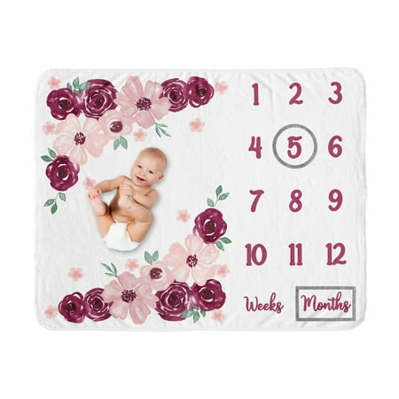 UPC: 0846480086055 | Watercolor Floral Burgundy Wine and Pink Milestone Baby Blanket by Sweet Jojo Designs