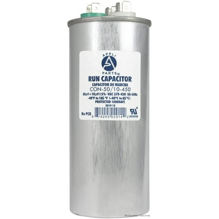 

Appli Parts Dual Run Capacitor For Ac 50 7.5 Mfd Uf (Microfarads) 370VAC Or 450VAC CBB65 Round Universal Fit For Hvac And Other Applications 5-3/8 In High 2-1/8 In Wide CON-50/7.5-450