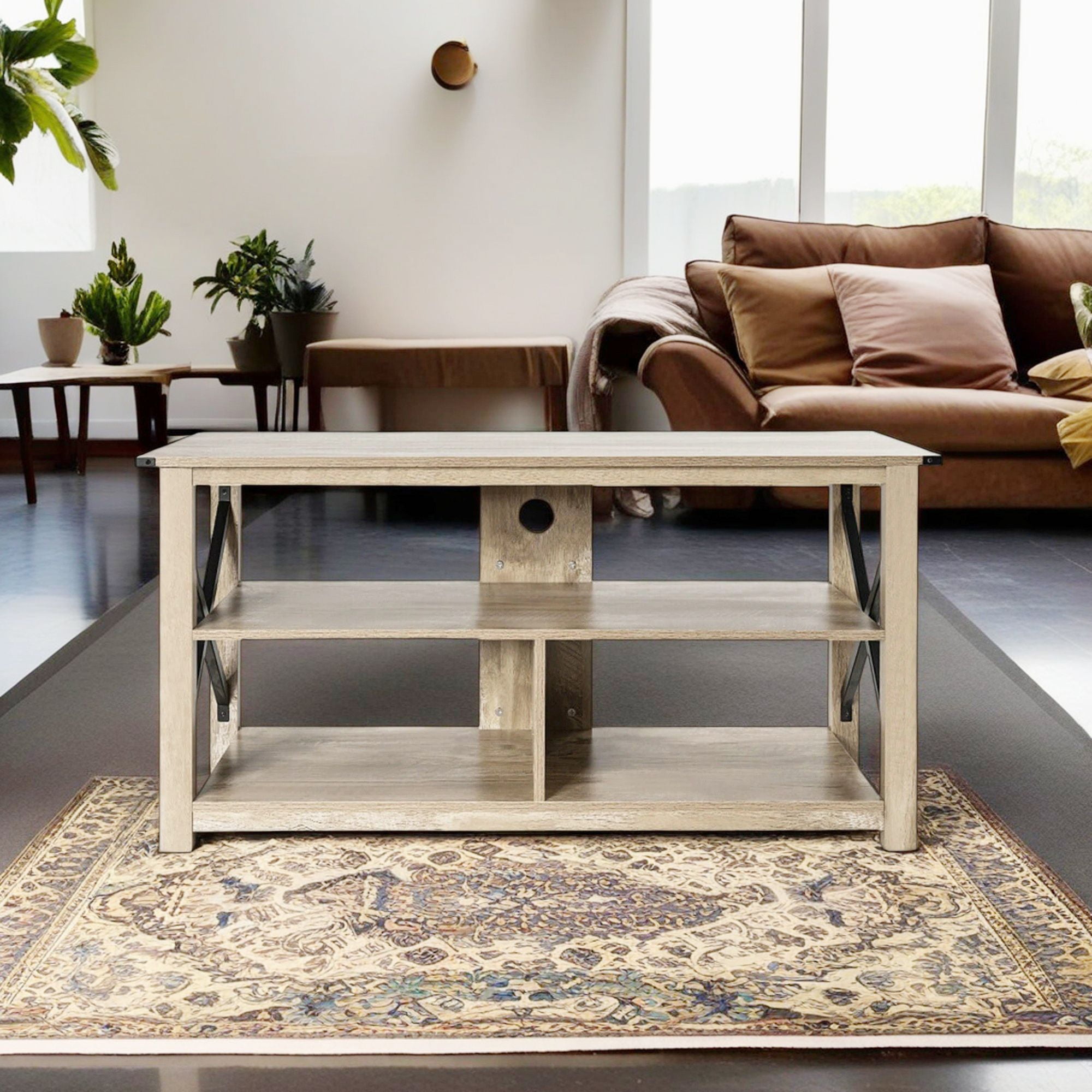 Demi Bonn TV Cabinet, 3 Tier Wood TV Stand for 55" with Open Shelves and X-Shaped Frame, Media Entertainment Center with Storage, for Living Room, Bedroom, Gray