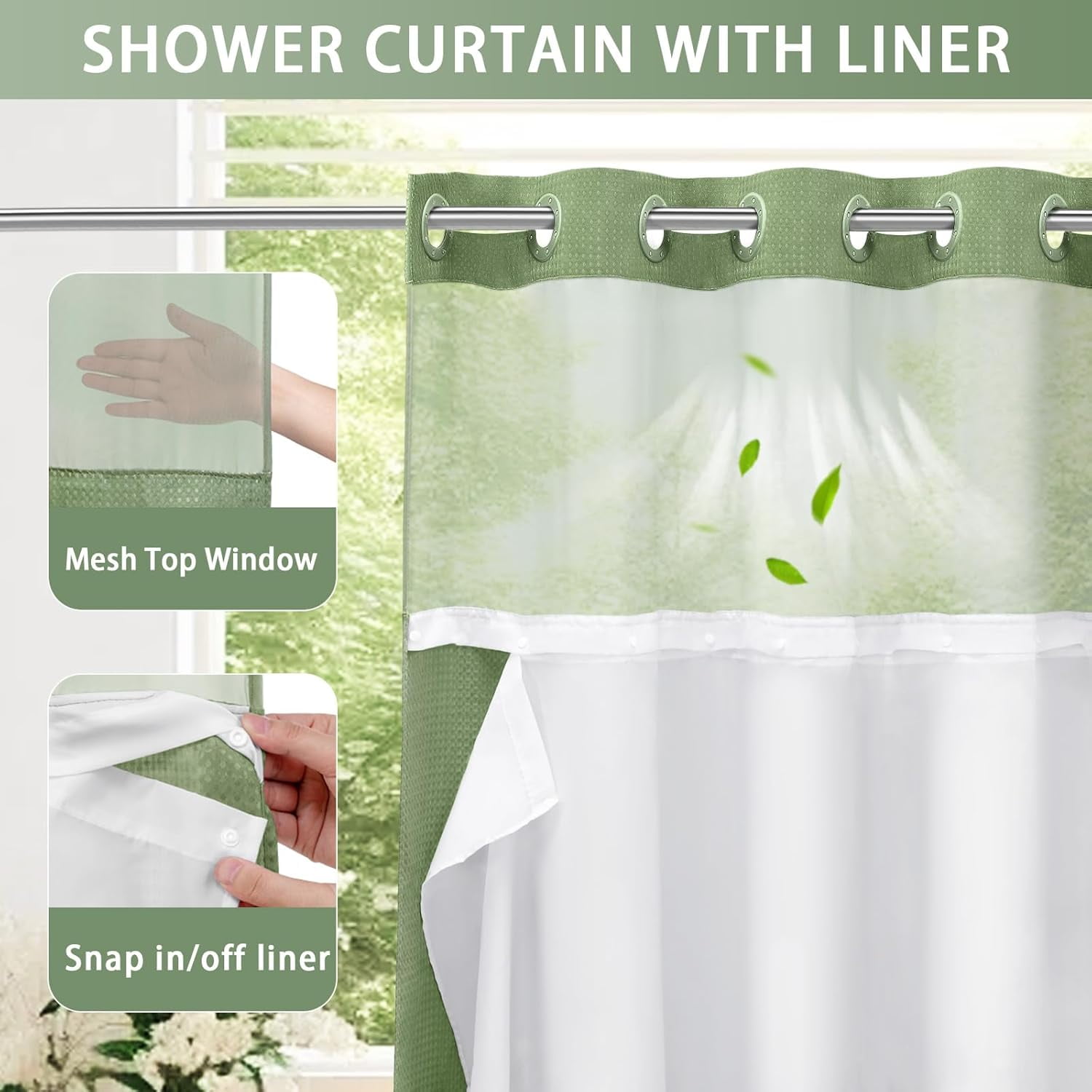 No Hook Shower Curtain with Snap in Liner Set Less Time Black Waffle Shower Curtain for Bathroom 75" L x 72" W