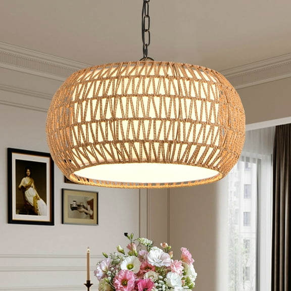Woven Hemp Rope Drum Pendant Light, 18.1 Inch 3-Light Boho Chandelier with Inner Diffuser, Adjustable Height