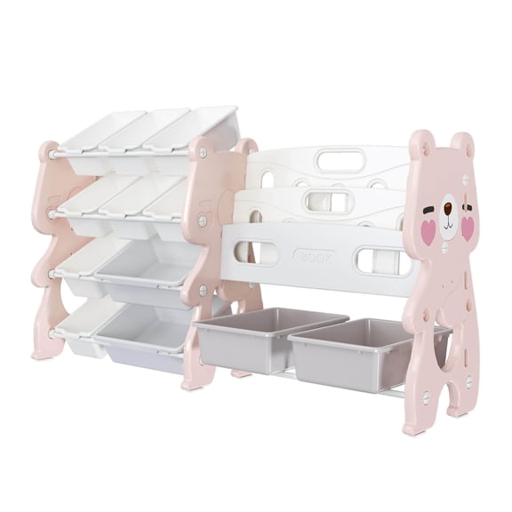 MONTARY Kids Toy Storage Organizer with 2 Tier Bookshelf and 12 Toy Bins, Pink