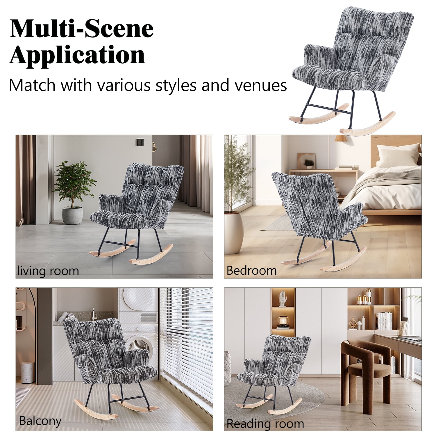 Glider Rocking Chair Nursery Comfy Accent Chair with High Back Faux Leather Living Room Chairs Color Button Tufted Armchair Reading Chair for Bedroom Nursery Office, Grigio River