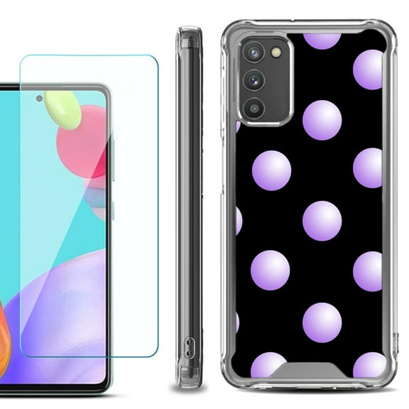 Shockproof Bumper Phone Case for Samsung Galaxy A02s, with Tempered Glass Screen Protector, by OneToughShield ® - Polka Dot / Purple