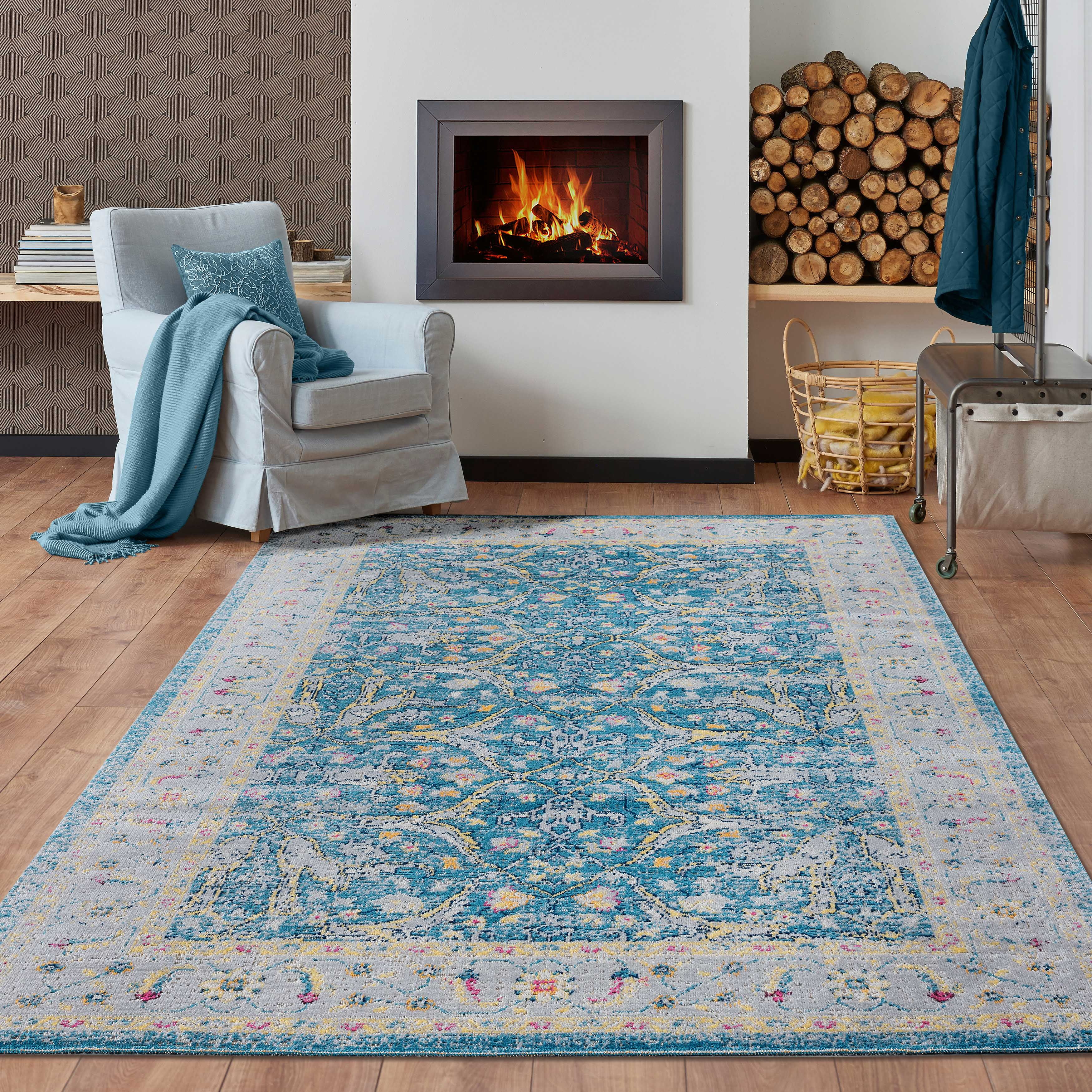 Ox Bay Blake 5'3" x 7'10" Blue/Gray Bordered Floral Durable Performance Indoor/Outdoor Area Rug